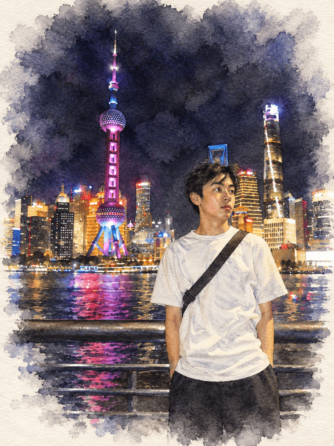 Leo by the Shanghai waterfront at night